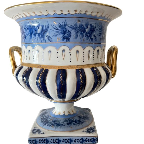 Limoges Other - Vintage LIMOGES White Prussian Blue Porcelain Floral CAMPANA Urn Vase and Gilt